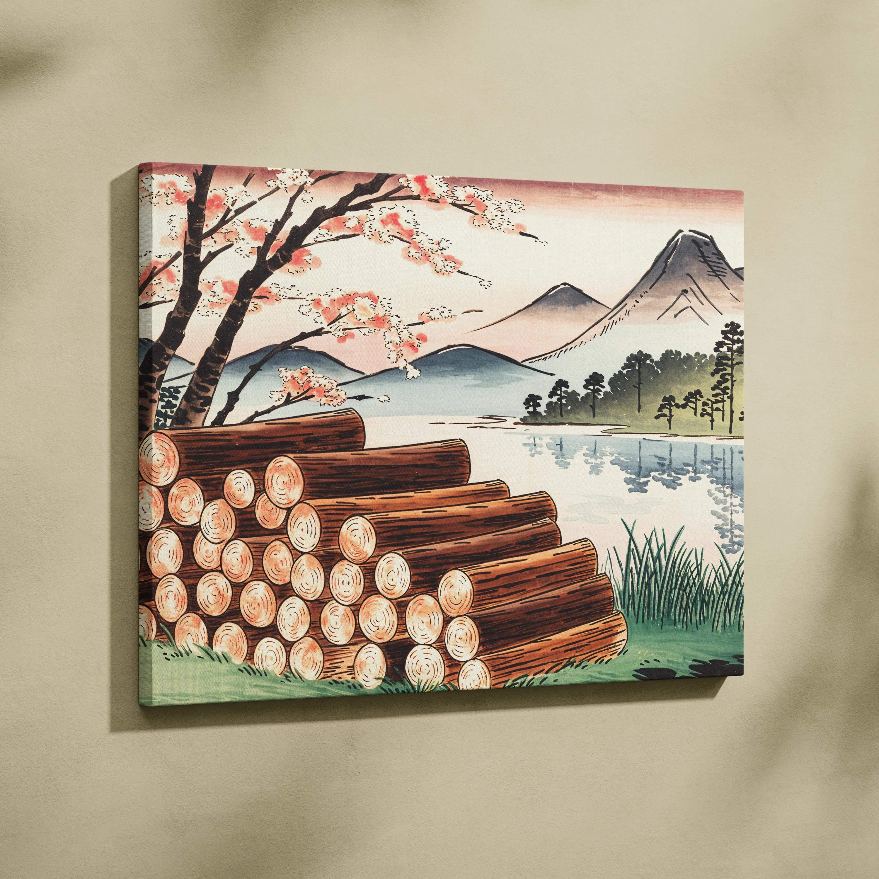 Ukiyo-e style cherry blossoms over cedar logs by quiet lake canvas art