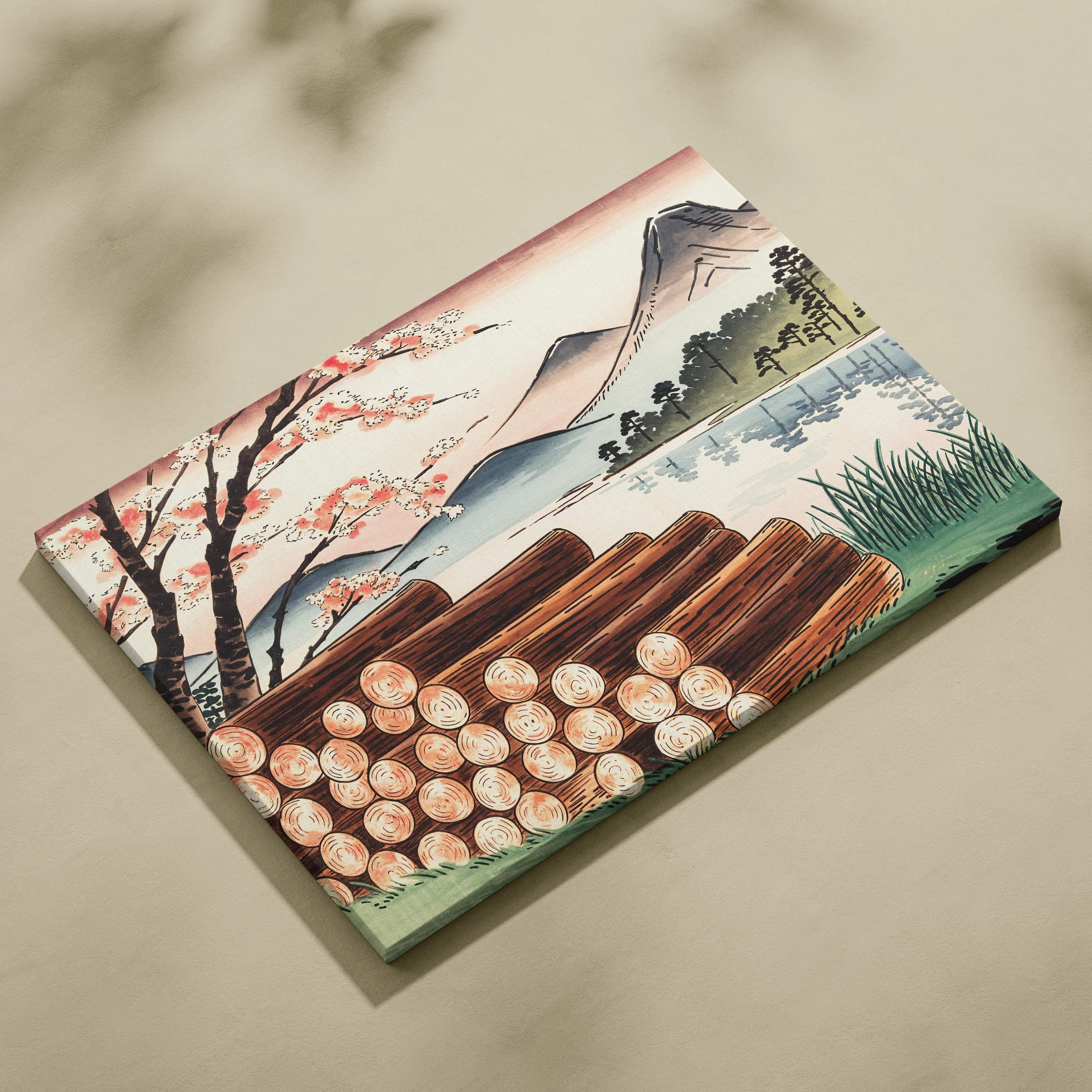 Ukiyo-e style cherry blossoms by quiet lake canvas art with cedar logs and misty mountains