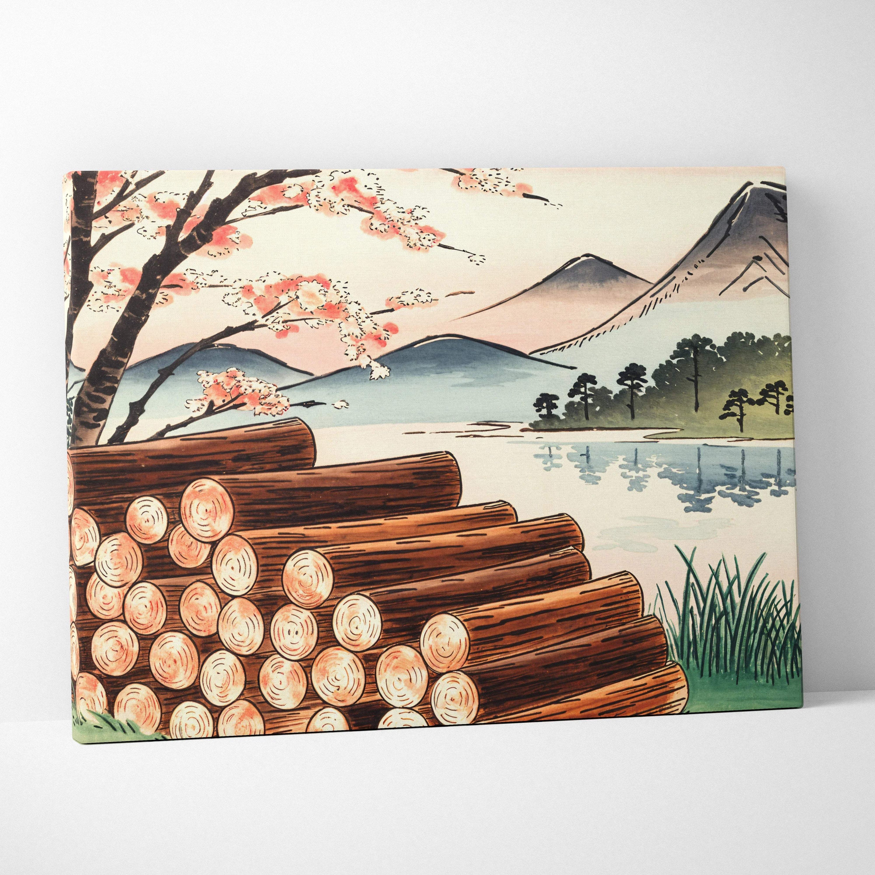 Ukiyo-e style cherry blossoms by quiet lake canvas print with cedar logs and misty mountains