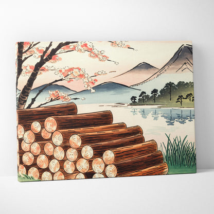 Ukiyo-e style cherry blossoms by quiet lake canvas print with cedar logs and misty mountains