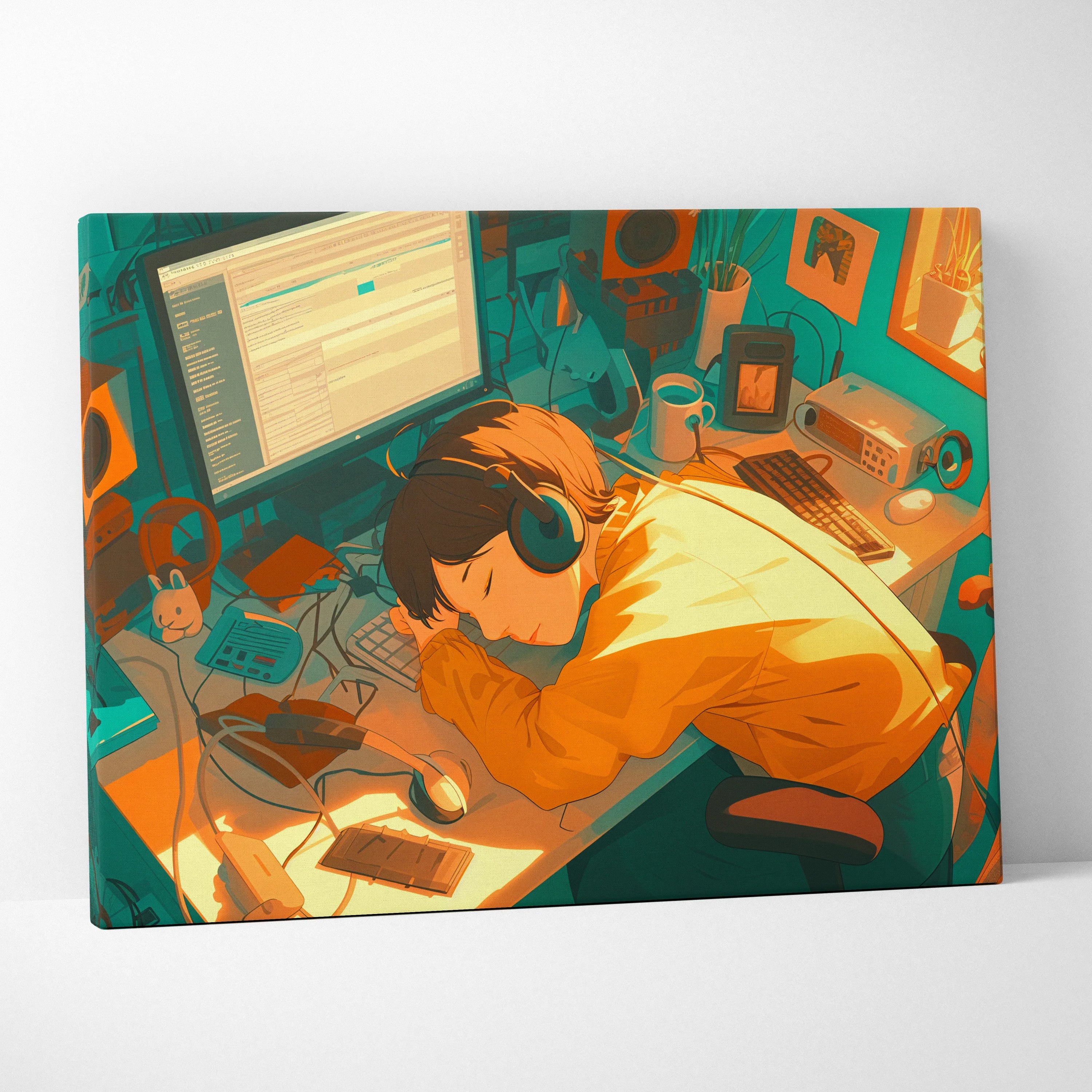Vibrant teal orange Lo Fi coder dreaming at cozy neon glow desk canvas art