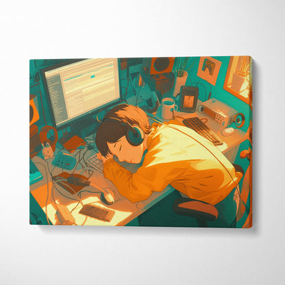 Vibrant teal orange Lo Fi coder dreaming at cozy neon desk canvas art