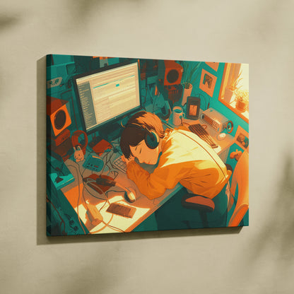 Lo-fi coder in orange hoodie sleeping at teal neon glow desk canvas art