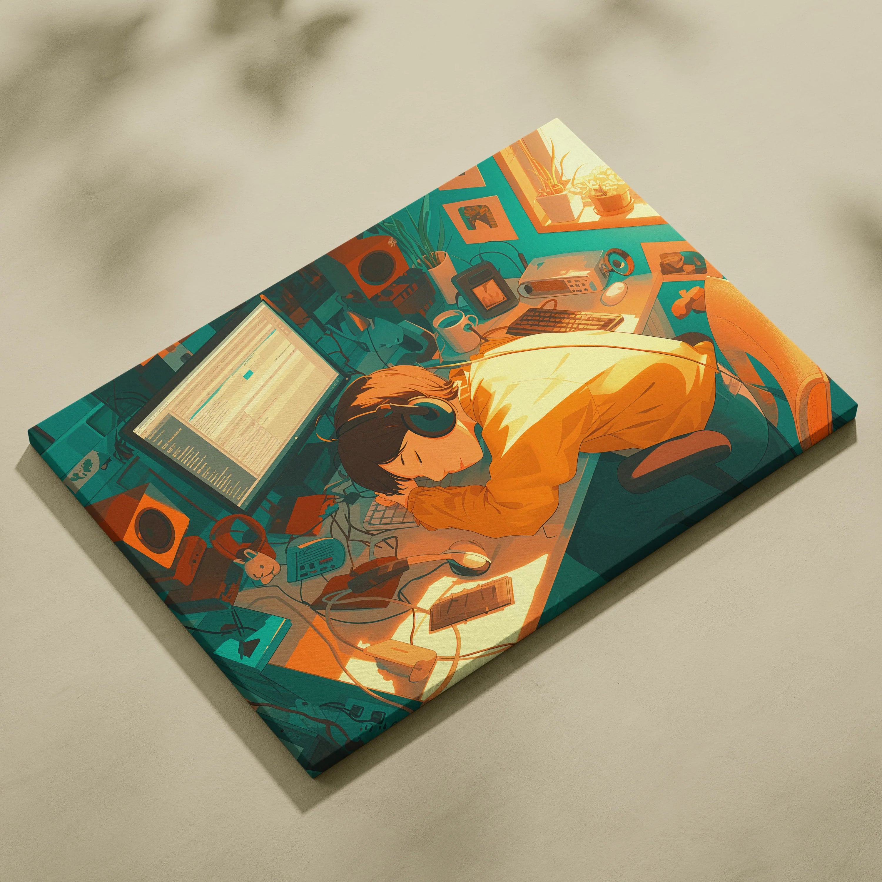 Vibrant teal orange Lo Fi coder dreaming at night on cozy cluttered desk canvas