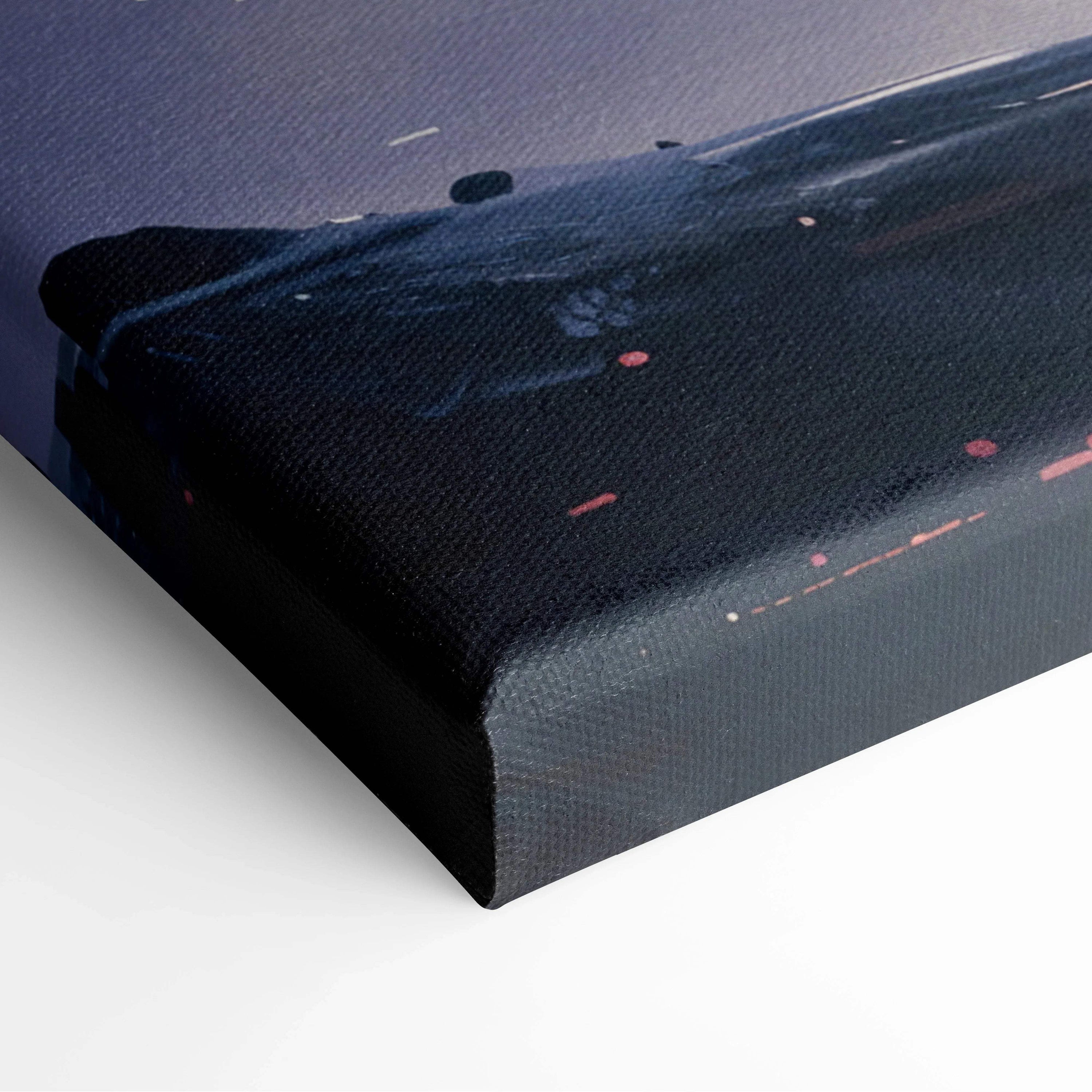Dragon’s Final Coil canvas art: lone warrior faces fire-wreathed dragon in black with blue red splatters