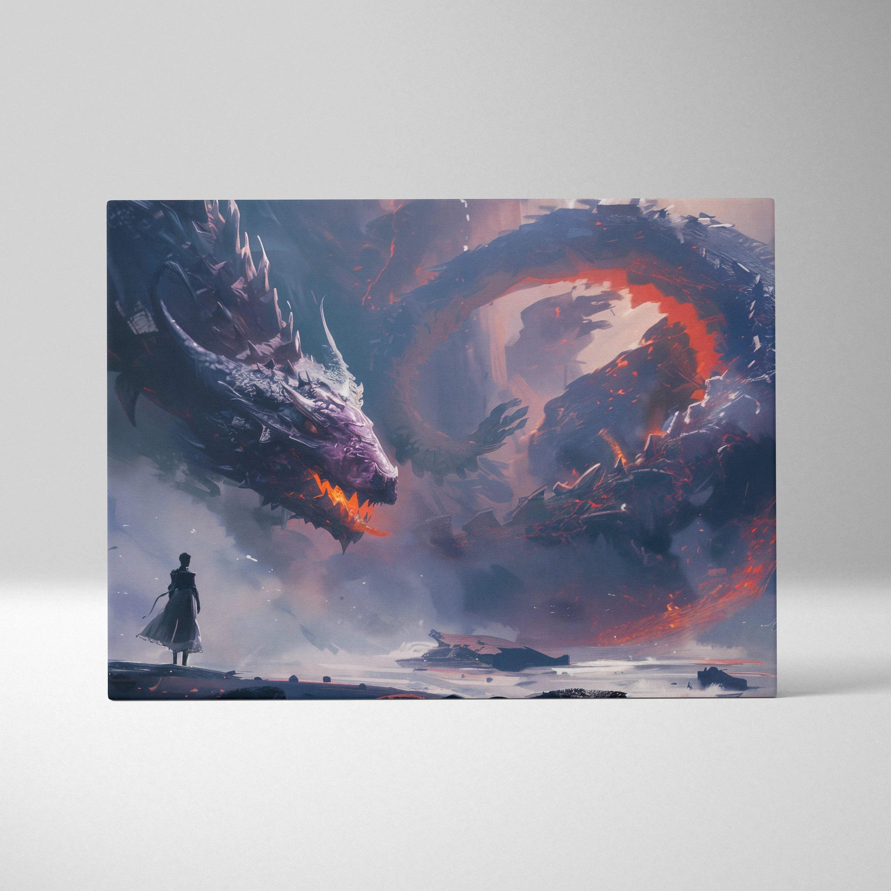 Lone warrior faces fire-wreathed dragon in dramatic fantasy canvas art