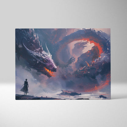 Lone warrior faces fire-wreathed dragon in dramatic fantasy canvas art