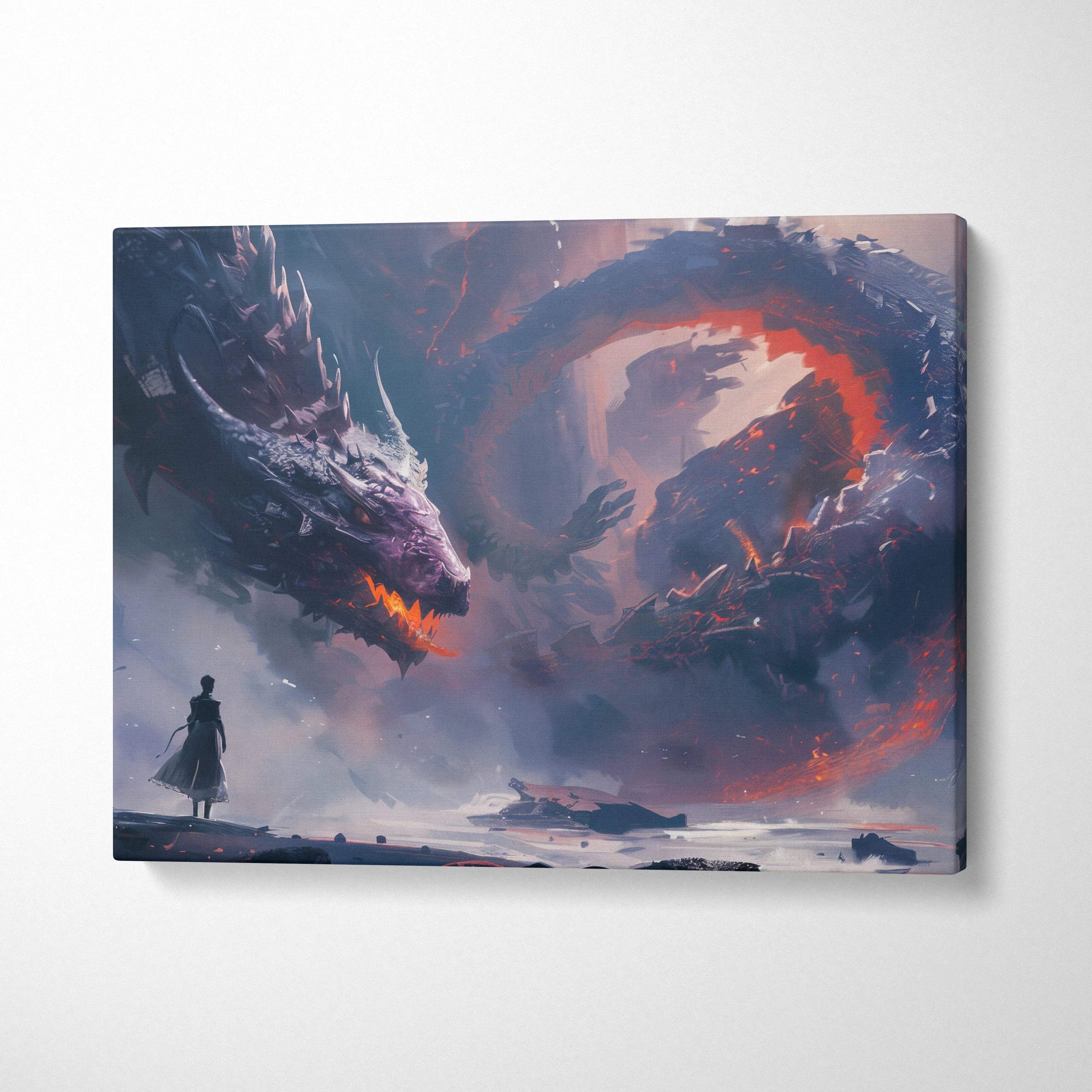 Epic Dragon’s Final Coil canvas art: lone warrior faces fire dragon in storm