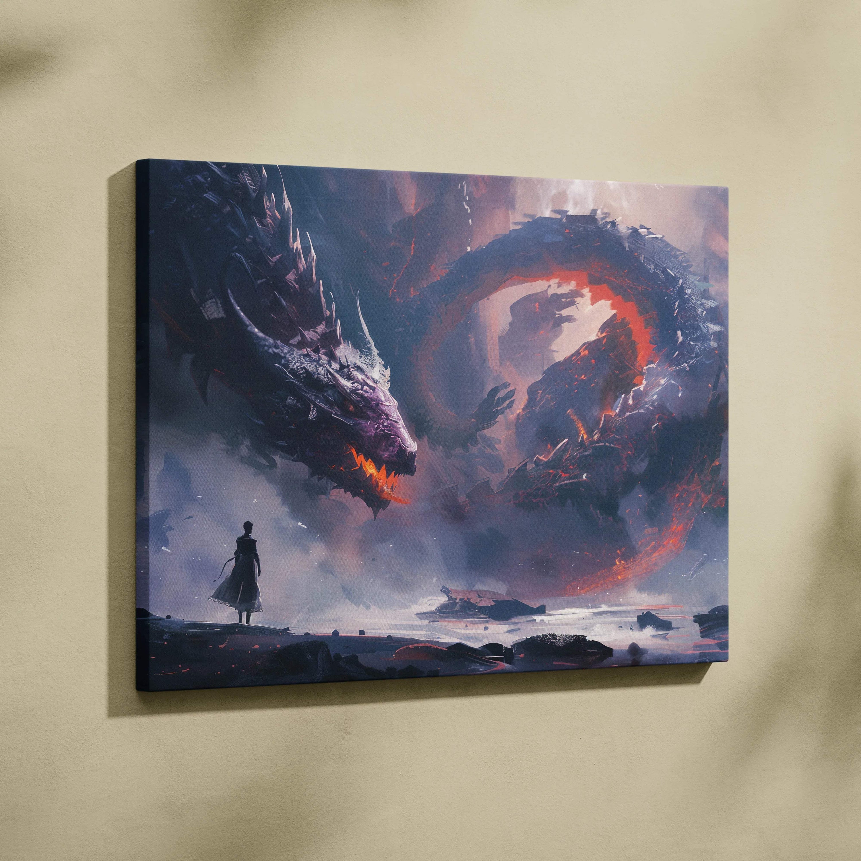 Epic Dragon’s Final Coil canvas art: warrior faces fire dragon in apocalyptic sky