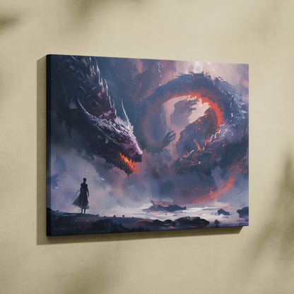 Epic Dragon’s Final Coil canvas art: warrior faces fire dragon in apocalyptic sky