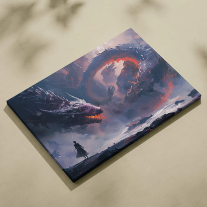 Dragon’s Final Coil canvas art: lone warrior faces fire-wreathed dragon