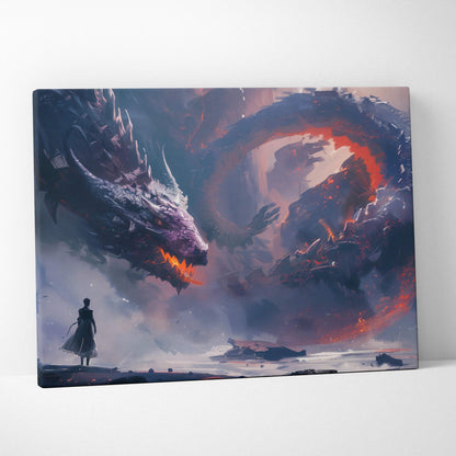 Dramatic Dragon’s Final Coil canvas art with fire-wreathed dragon in stormy sky
