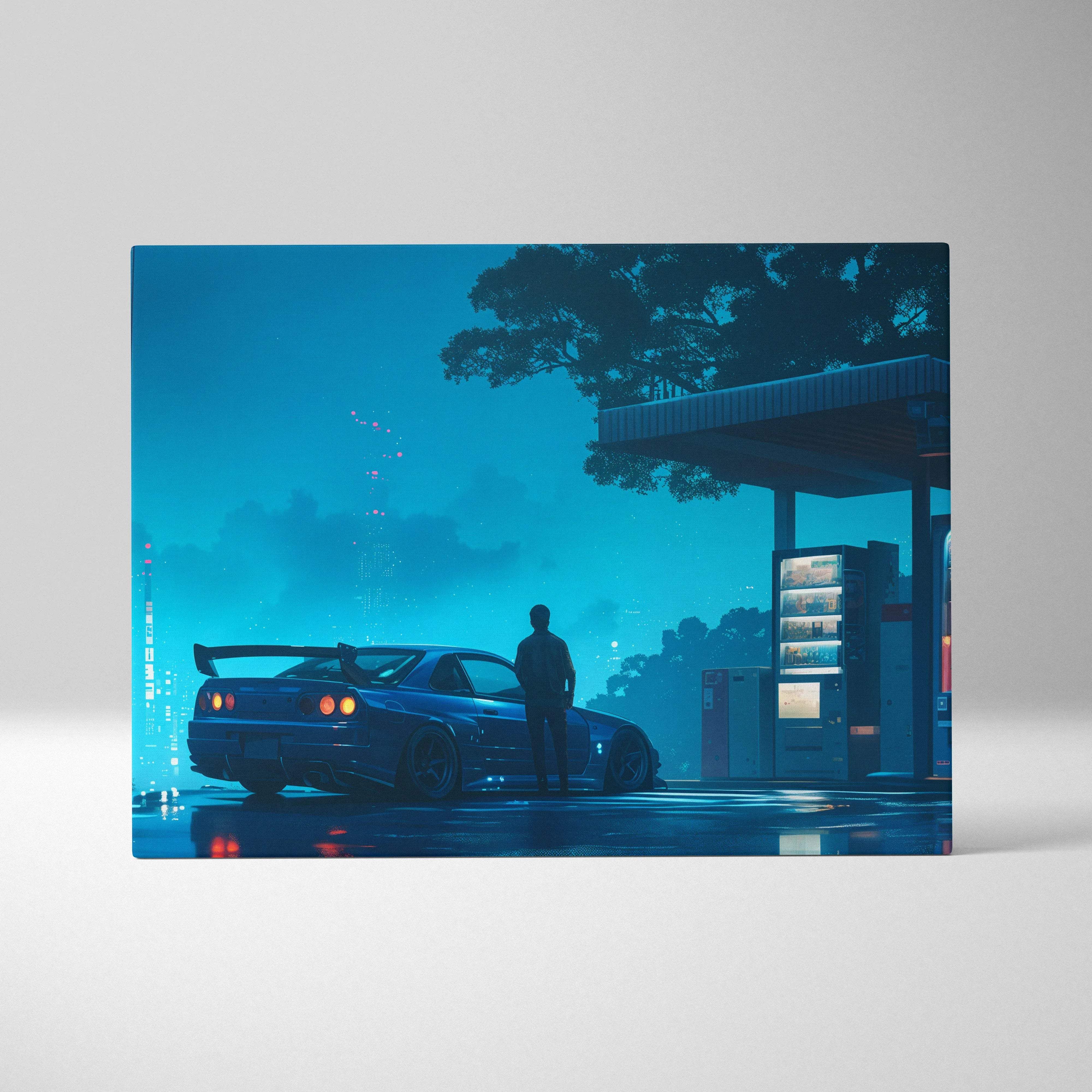 Navy blue sports car with rear spoiler and orange taillights at neon gas station