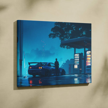 Blue neon cyberpunk sports car at rainy gas station night canvas print