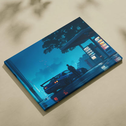 Blue cyberpunk canvas print of neon gas station night scene with sports car