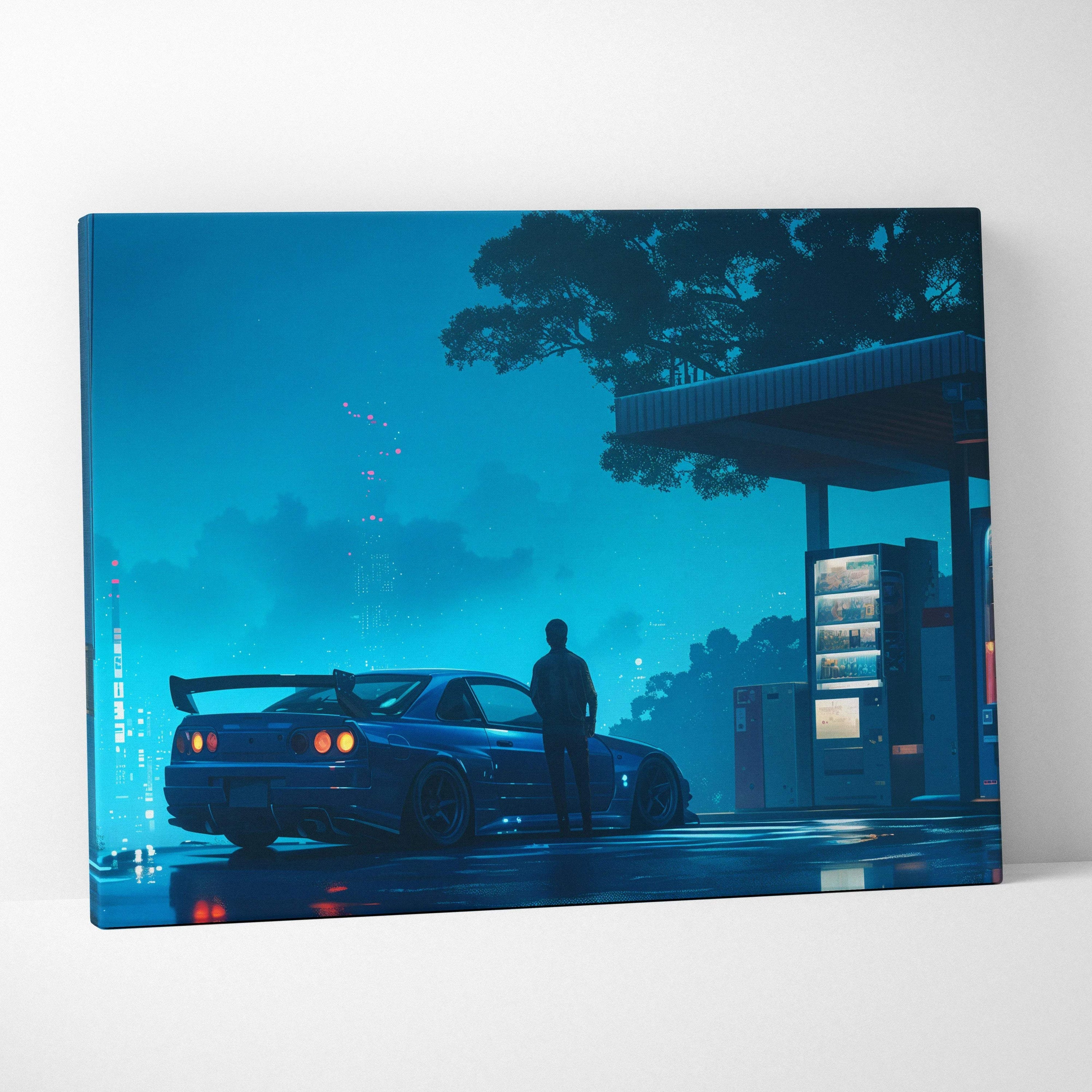Blue neon cyberpunk sports car at gas station canvas print