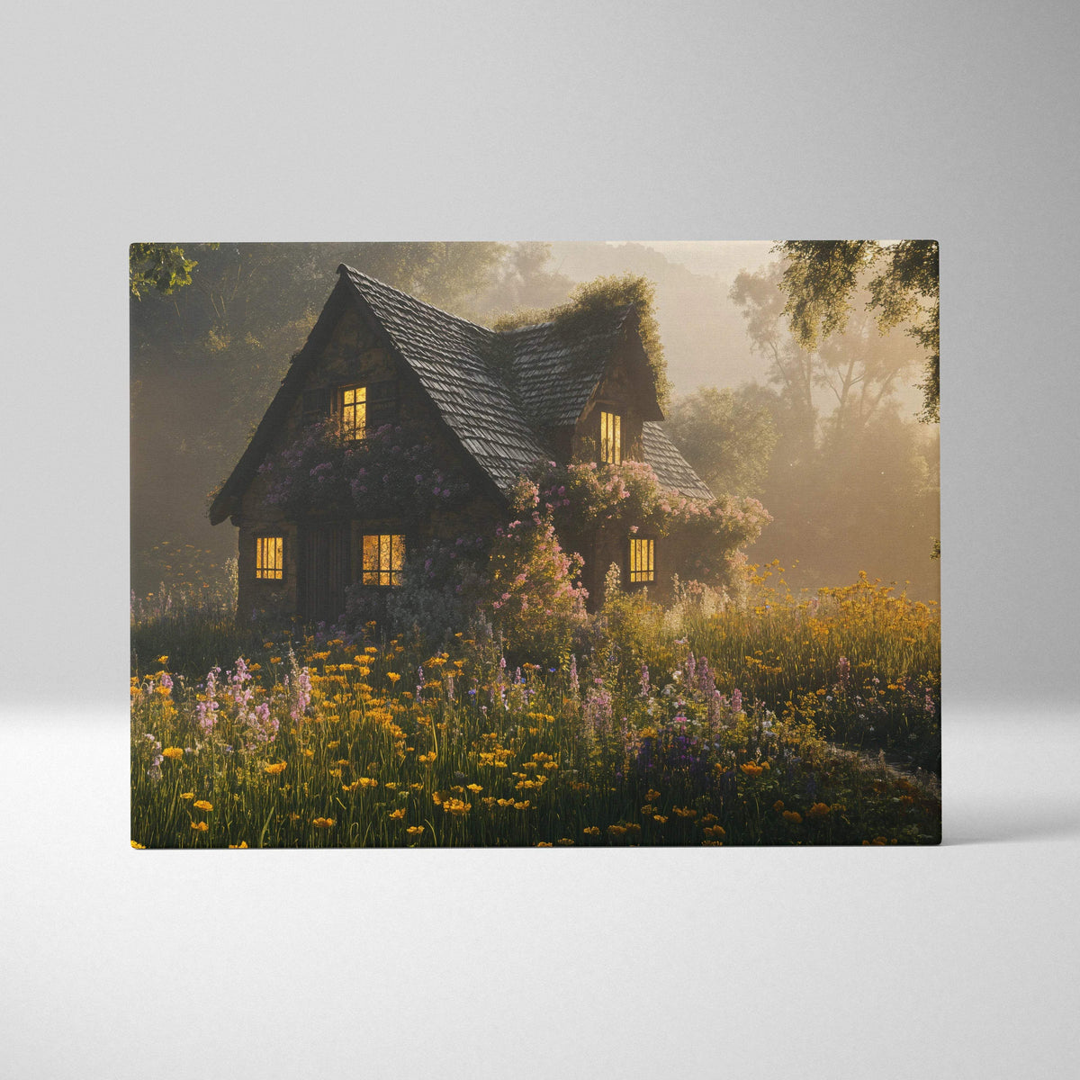 Golden hour cottage in woodland meadow canvas with honey light and wildflowers