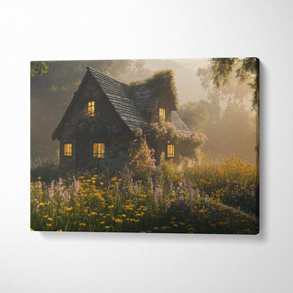 Cozy rustic cottage with mossy roof, honey light, wildflowers at golden hour sunset