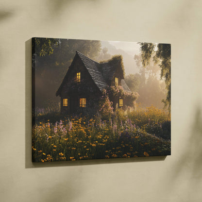 Golden hour cottage in woodland meadow canvas wall art with honey light and wildflowers at sunset