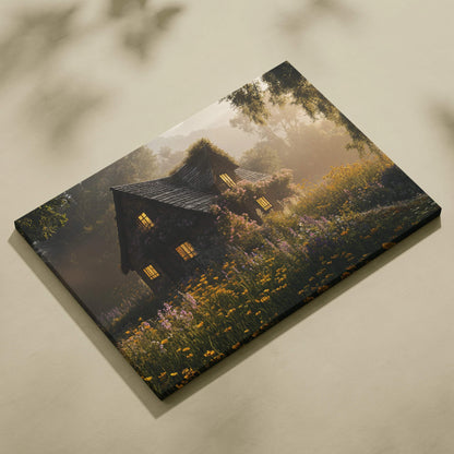 Cozy rustic cottage in wildflower meadow canvas print at golden hour sunset