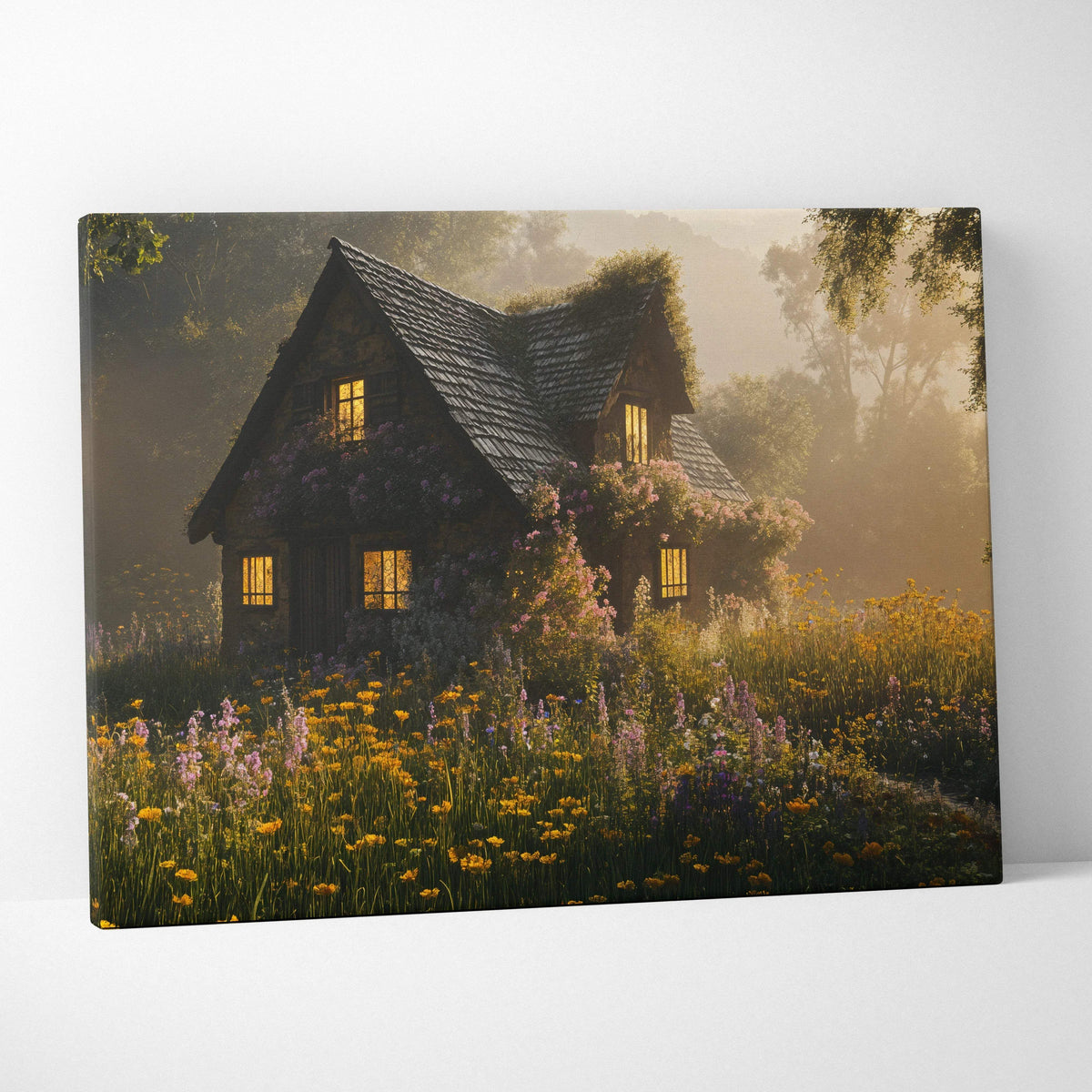 Golden hour rustic wooden cottage with mossy roof, honey light, wildflowers in sunlit woodland meadow canvas wall art