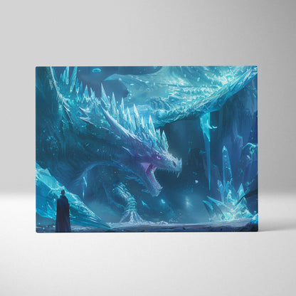 Frostbound Titan ice dragon with blue glowing breath in crystal cavern canvas art