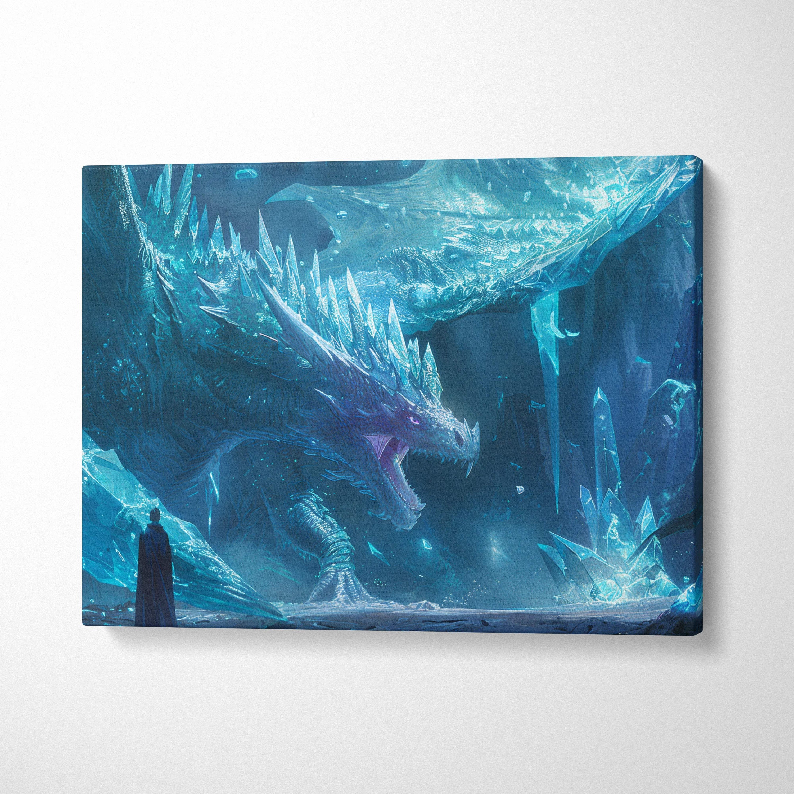 Frostbound Titan ice dragon canvas wall art with blue glowing breath