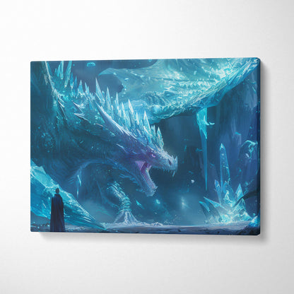 Frostbound Titan ice dragon canvas wall art with blue glowing breath