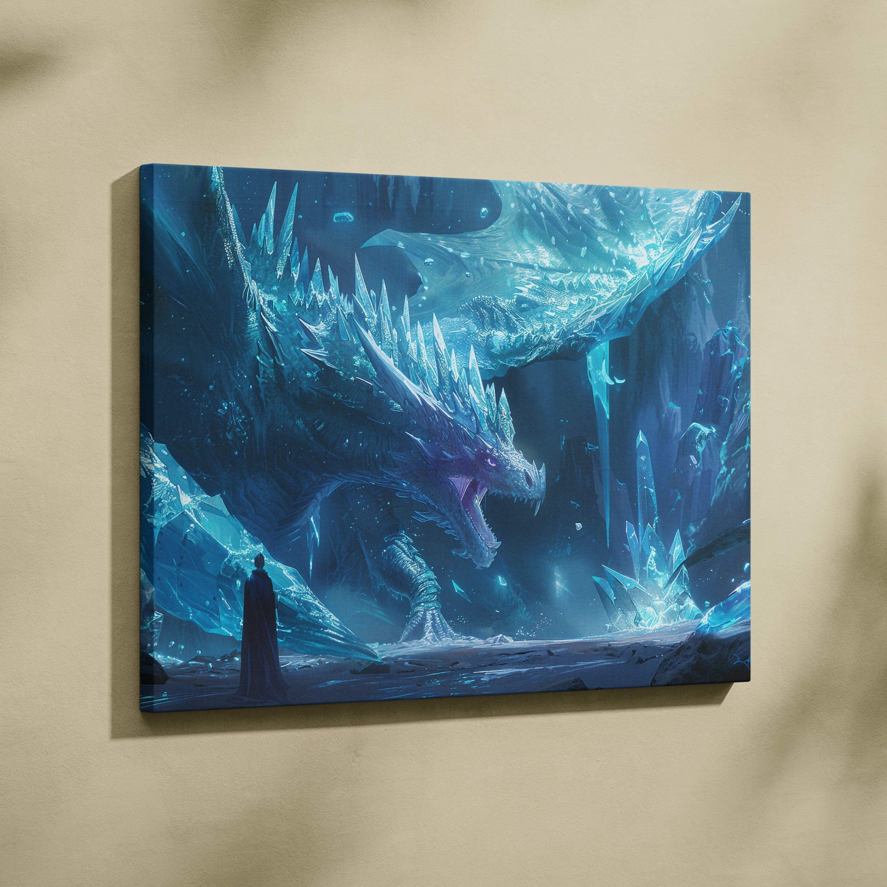 Majestic Frostbound Titan ice dragon with blue glowing breath in crystal cavern canvas art