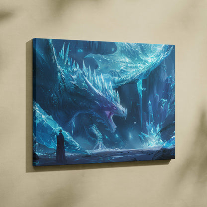 Majestic Frostbound Titan ice dragon with blue glowing breath in crystal cavern canvas art