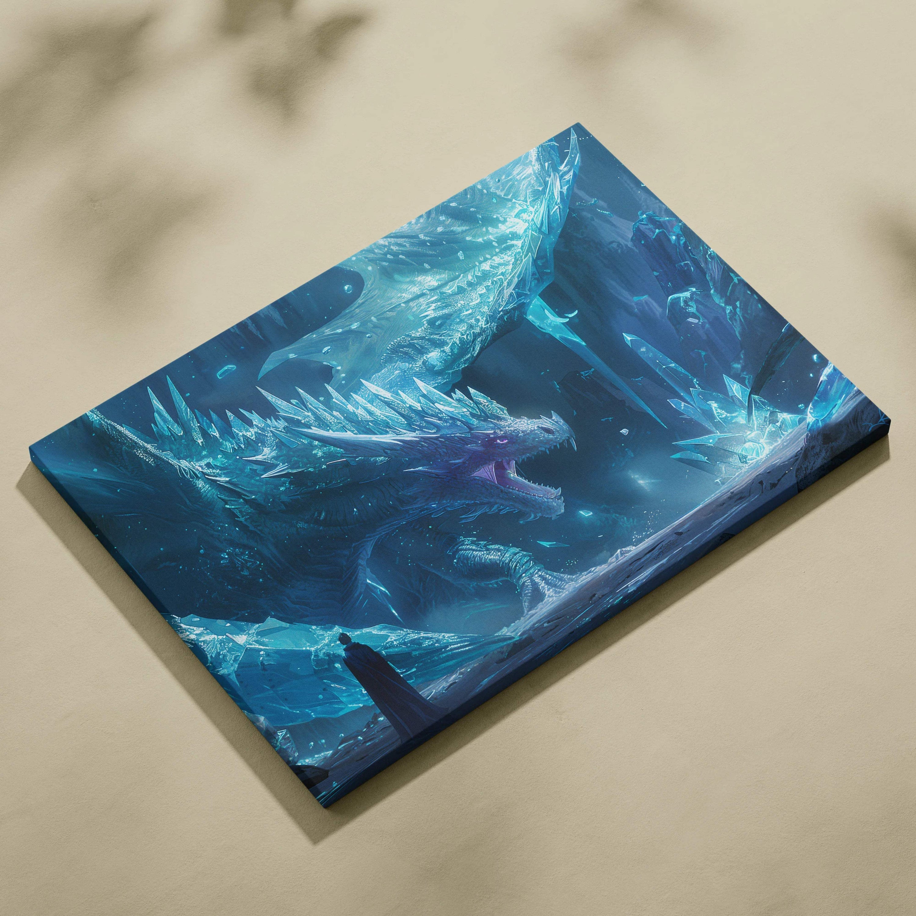 Frostbound Titan ice dragon with blue glowing breath in crystal cavern canvas art