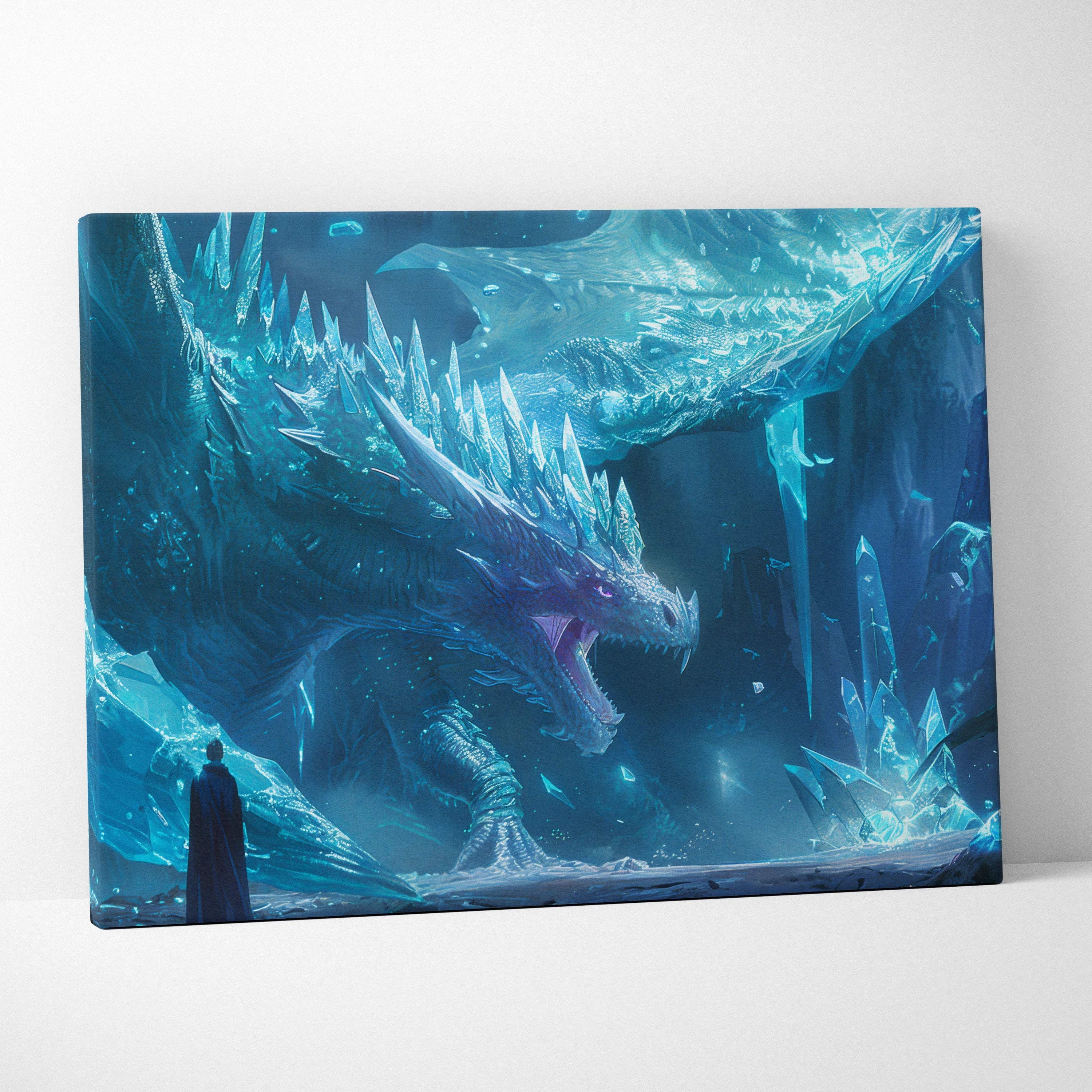 Frostbound Titan ice dragon with blue glowing breath in crystal cavern canvas art