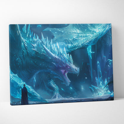 Frostbound Titan ice dragon with blue glowing breath in crystal cavern canvas art