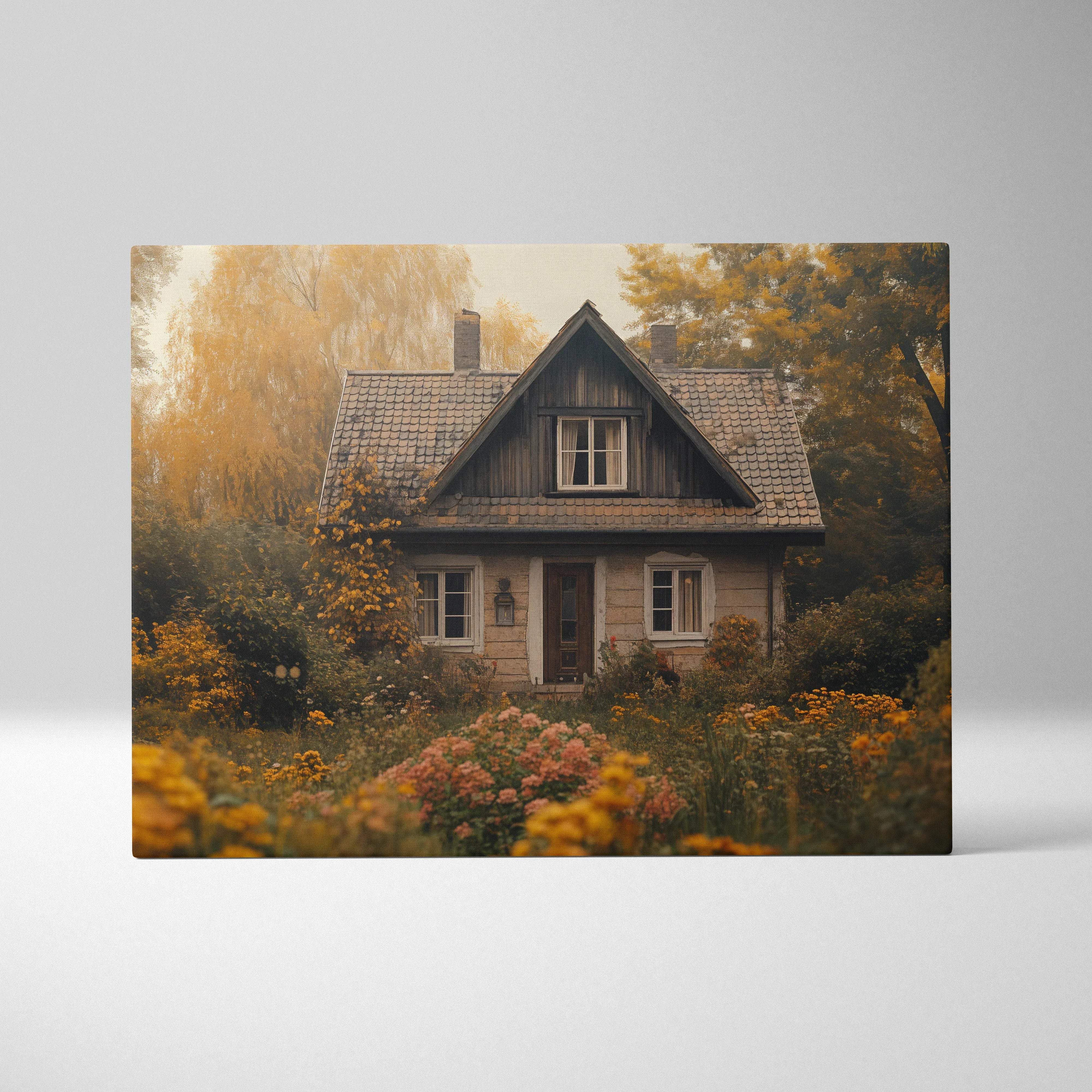 Rustic autumn cottage canvas wall art with golden foliage and soft light