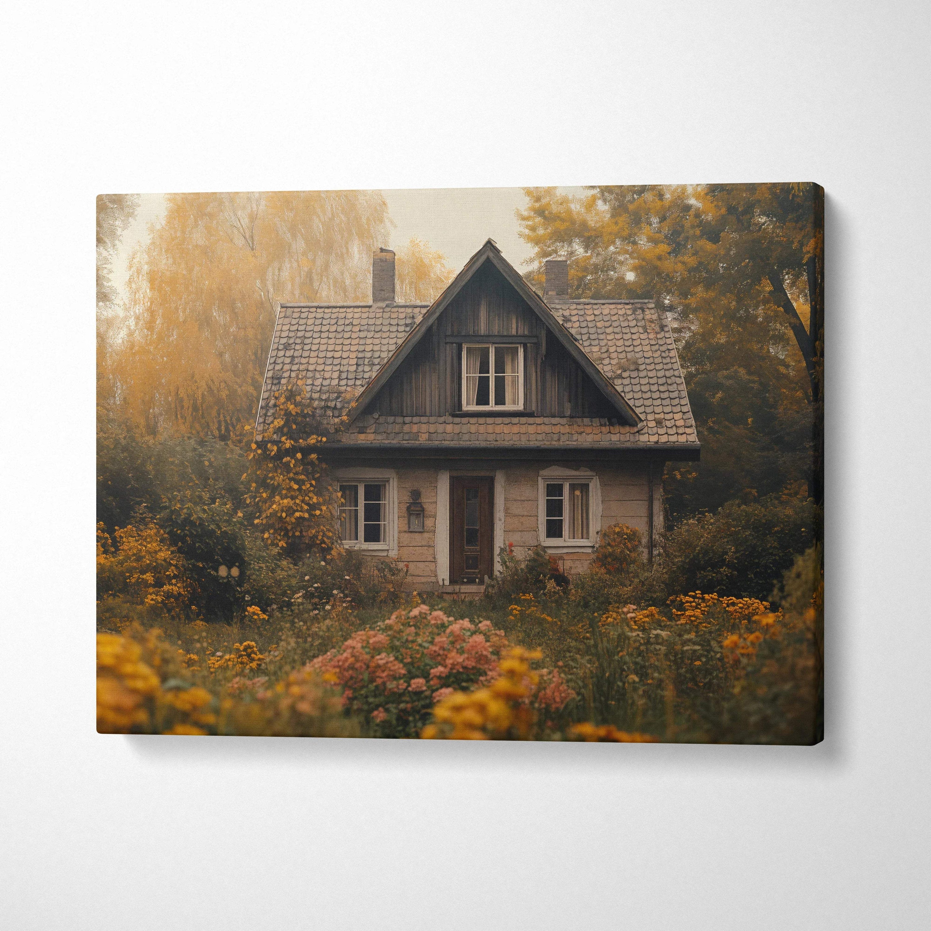 Rustic Pastoral Autumn Haven cottage canvas wall art with golden foliage