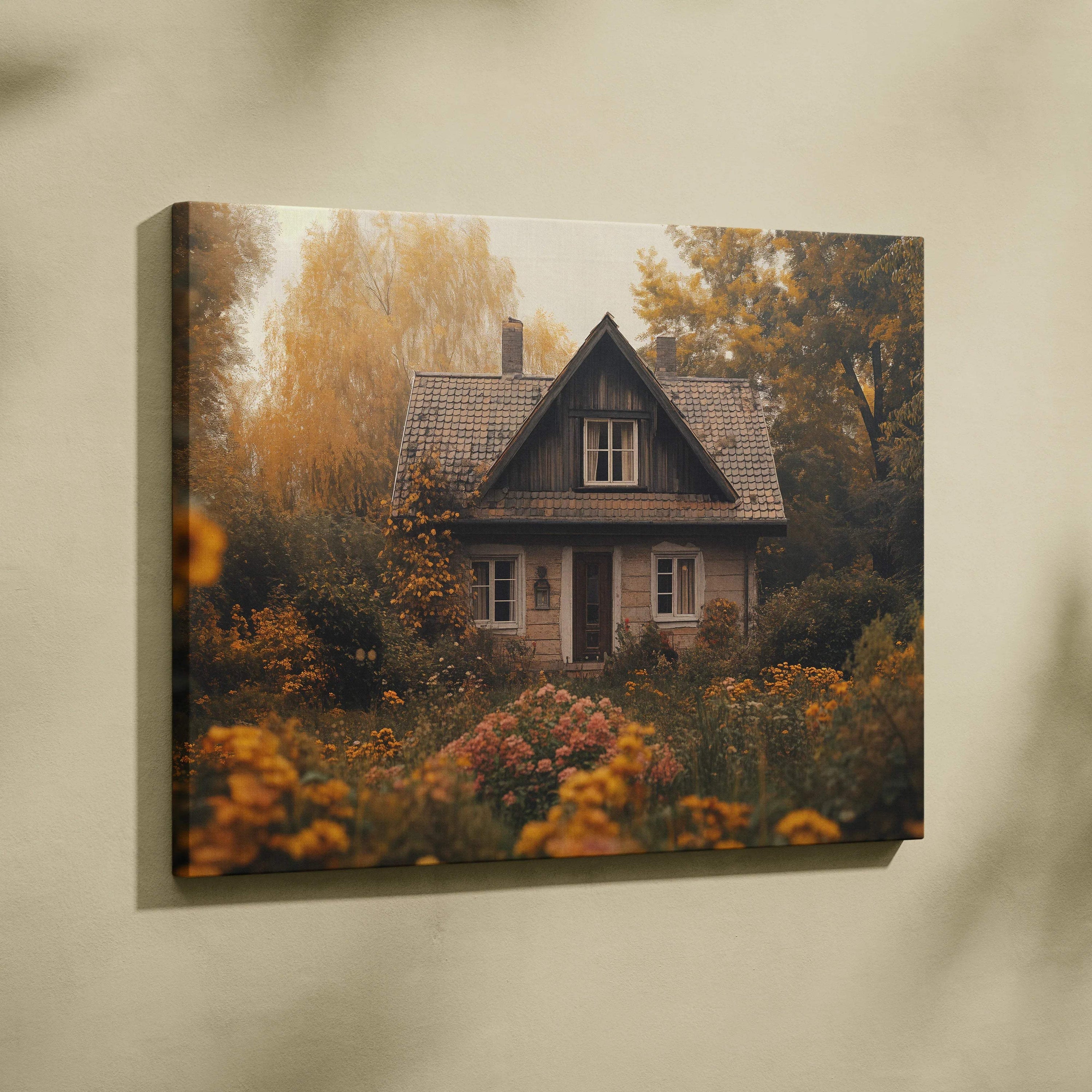 Rustic autumn cottage canvas wall art with golden foliage and soft light
