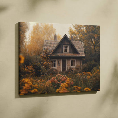 Rustic autumn cottage canvas wall art with golden foliage and soft light