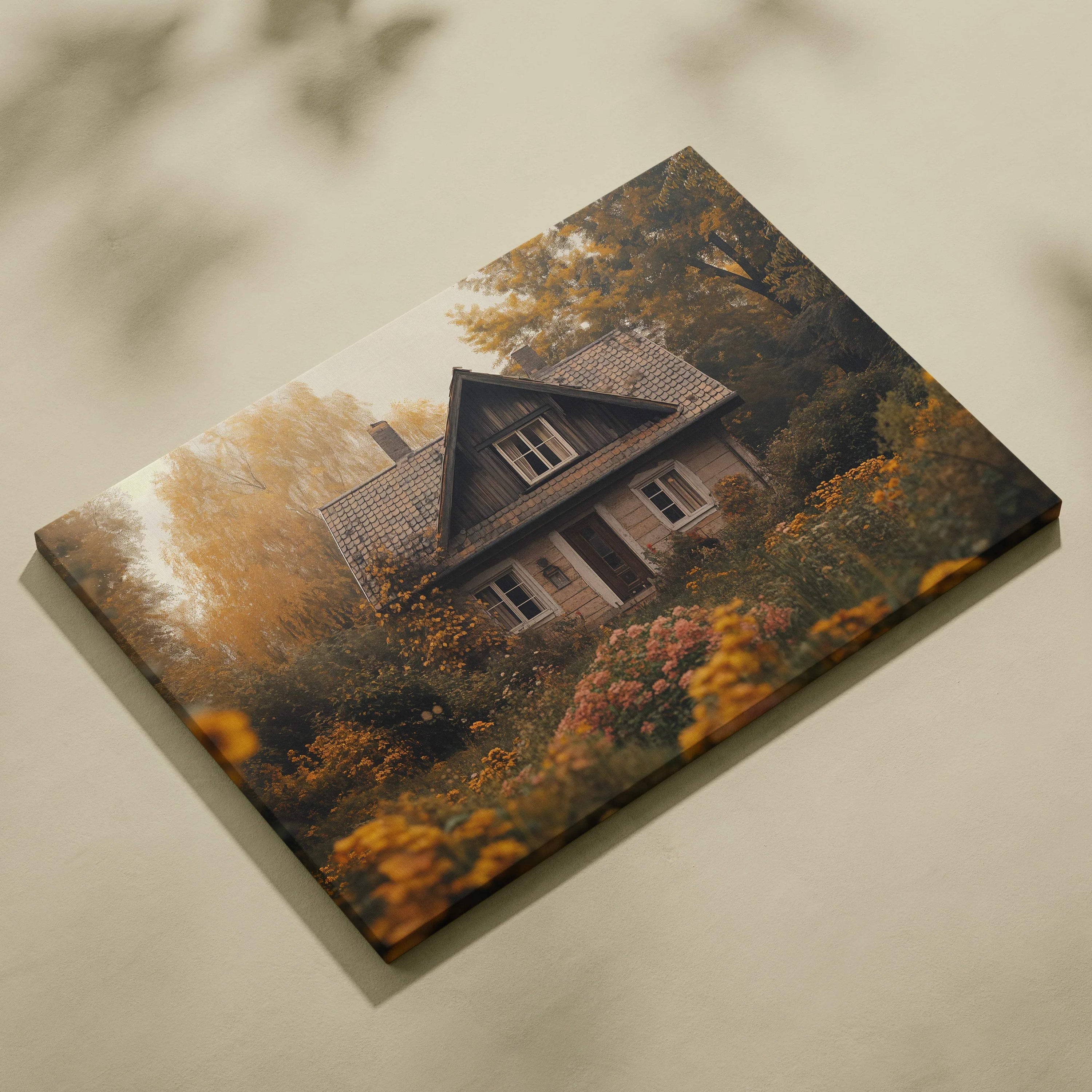 Cozy rustic autumn cottage canvas print with golden foliage and soft light