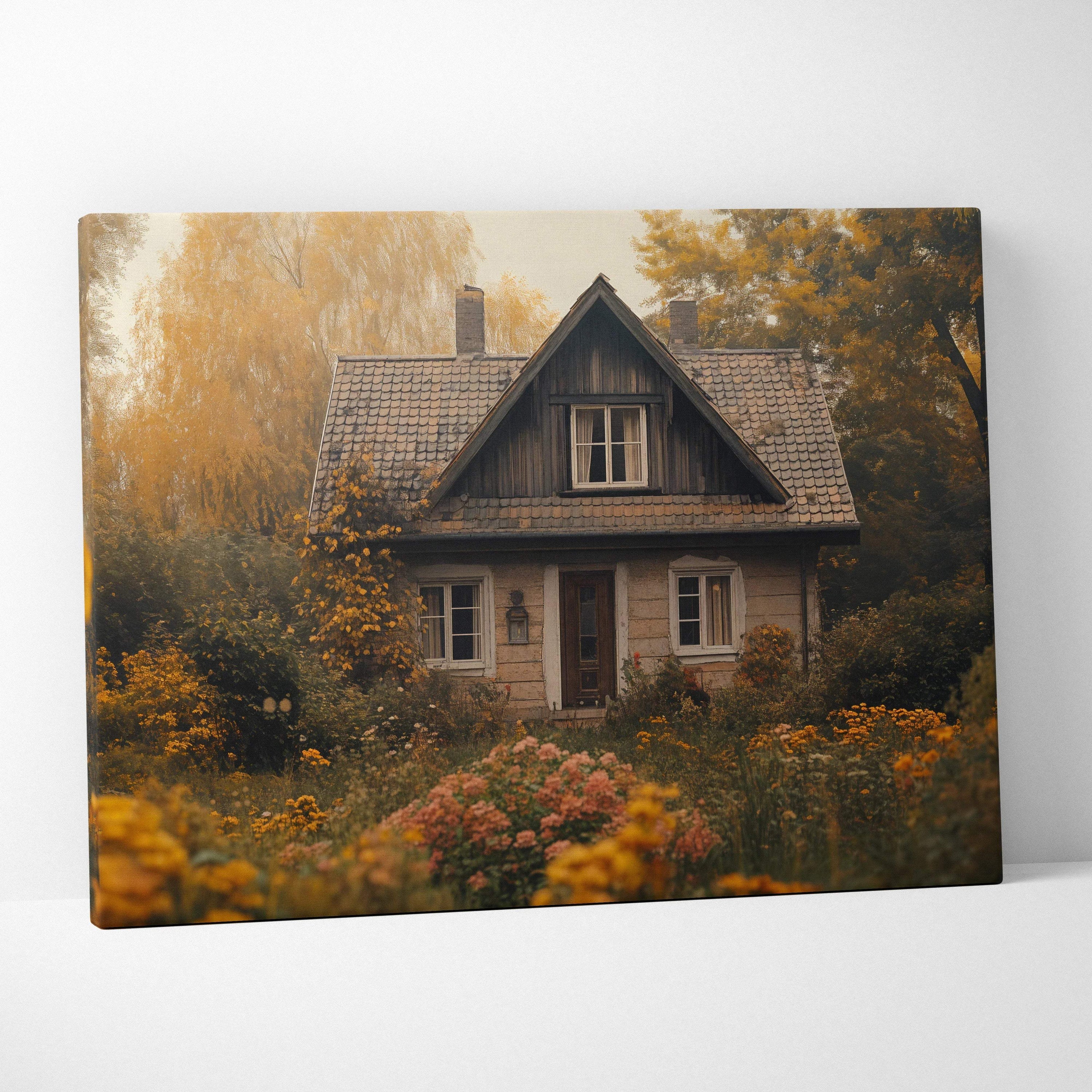 Rustic pastoral autumn haven cottage canvas wall art with golden foliage