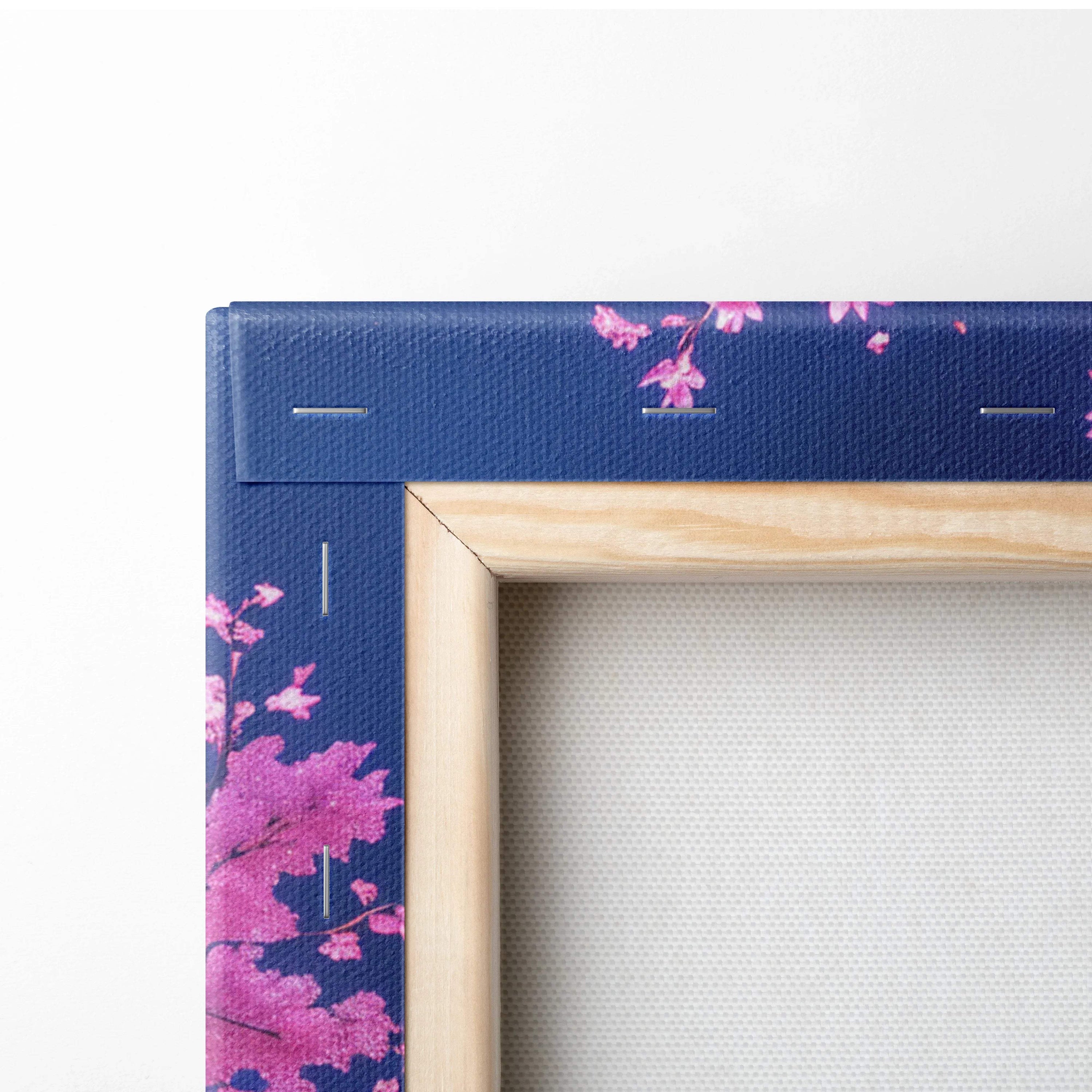 Moonlit cherry blossom canvas wall art with pink petals on navy blue sky