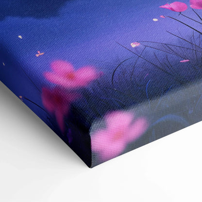 Moonlit cherry blossom tree canvas art with pink petals on dreamy night sky
