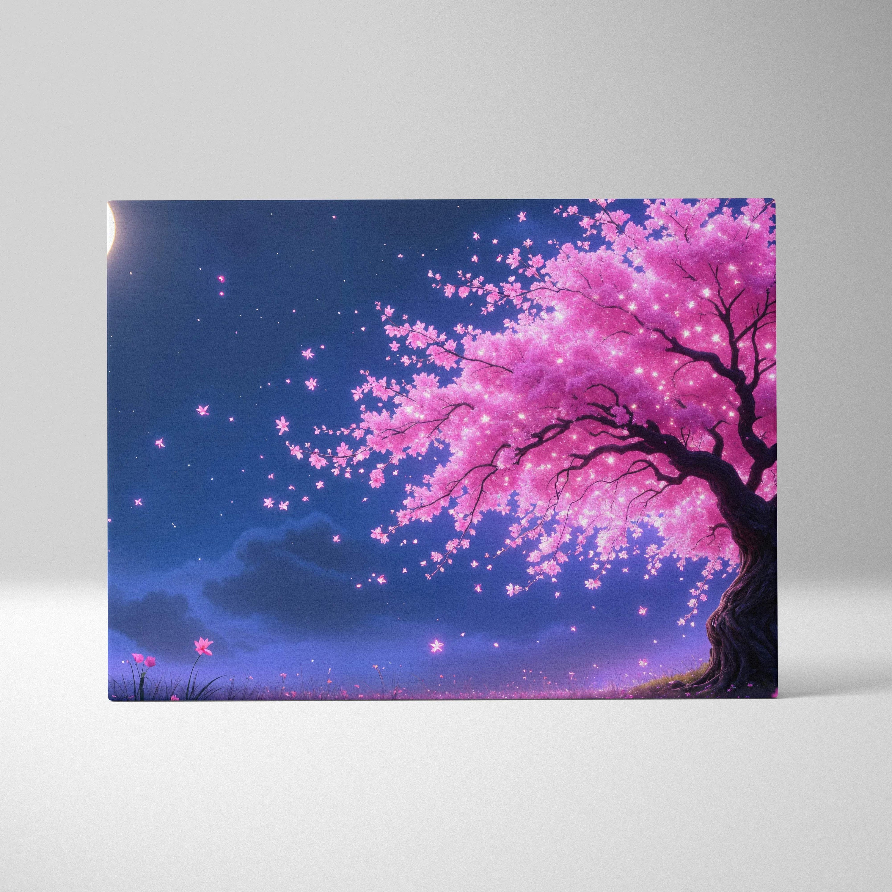 Moonlit cherry blossom tree canvas wall art with pink petals in starry night sky