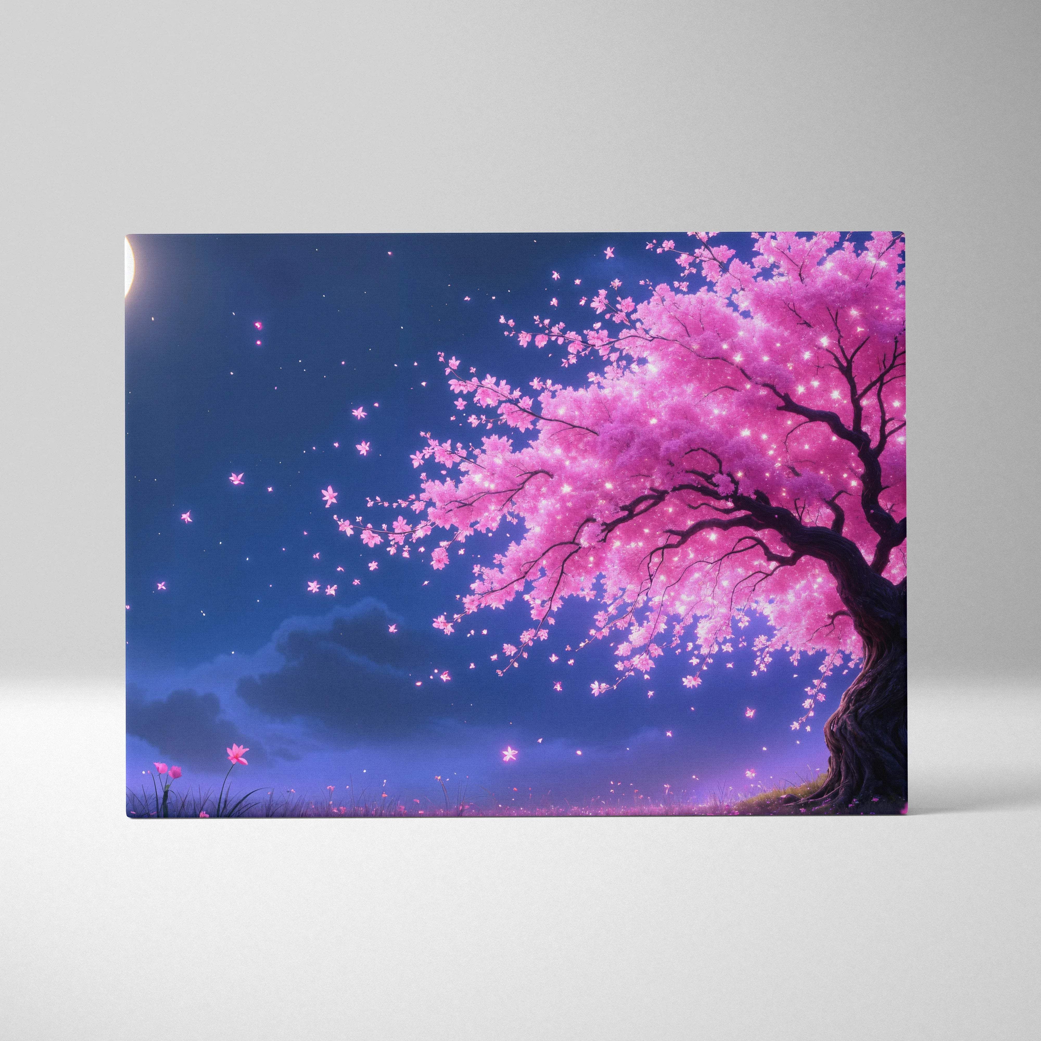 Moonlit cherry blossom tree canvas wall art with pink petals in starry night sky