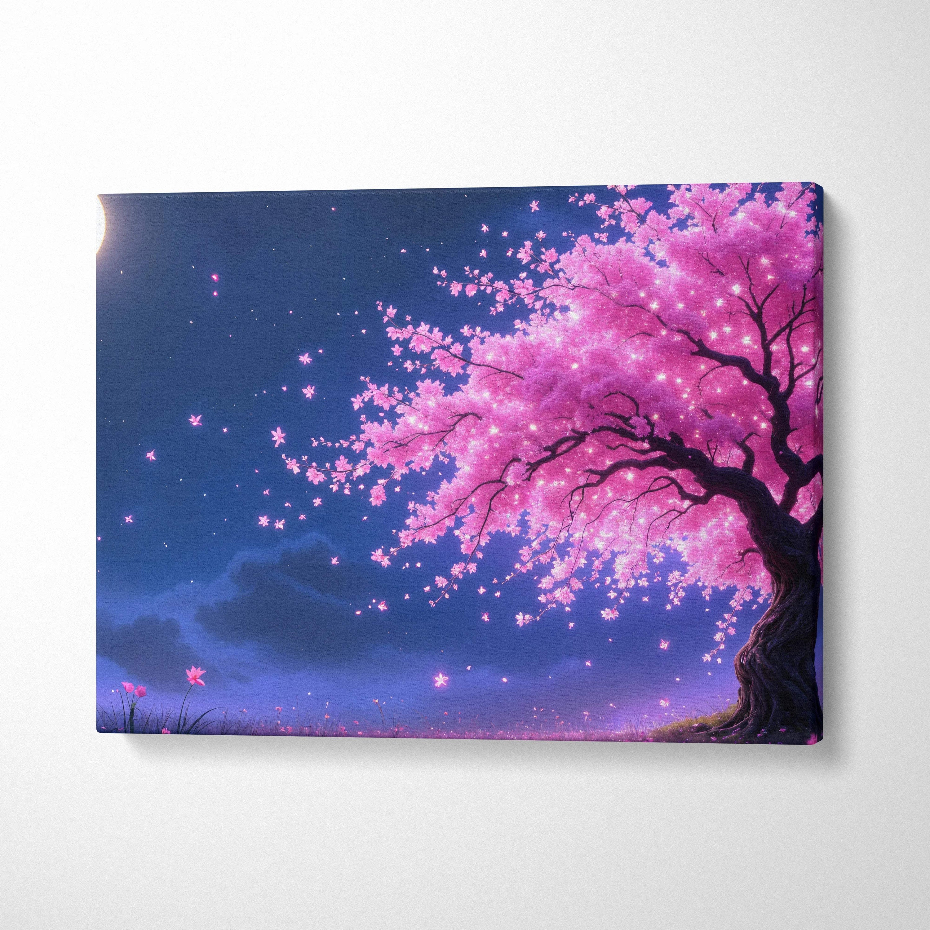 Moonlit cherry blossom tree canvas wall art with pink petals in starry night sky