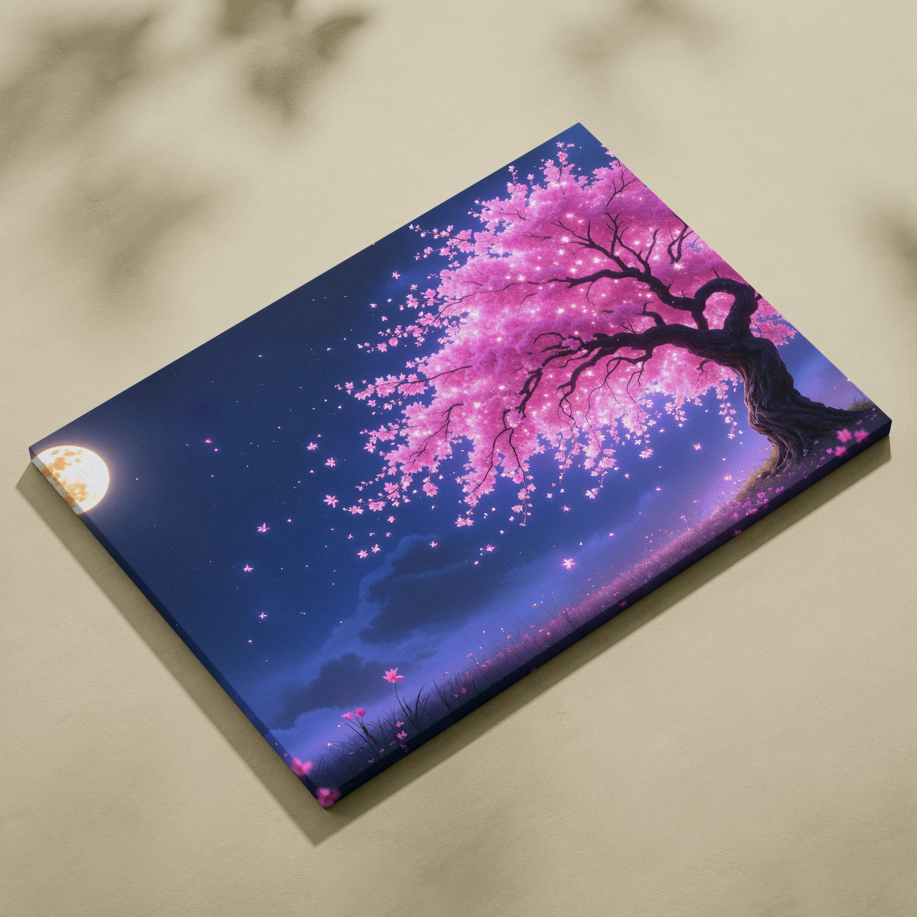 Moonlit cherry blossom tree canvas wall art with pink petals in starry night sky