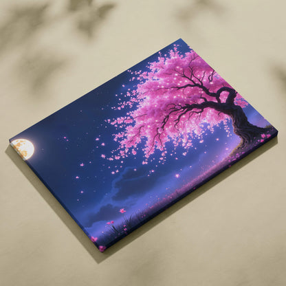 Moonlit cherry blossom tree canvas wall art with pink petals in starry night sky