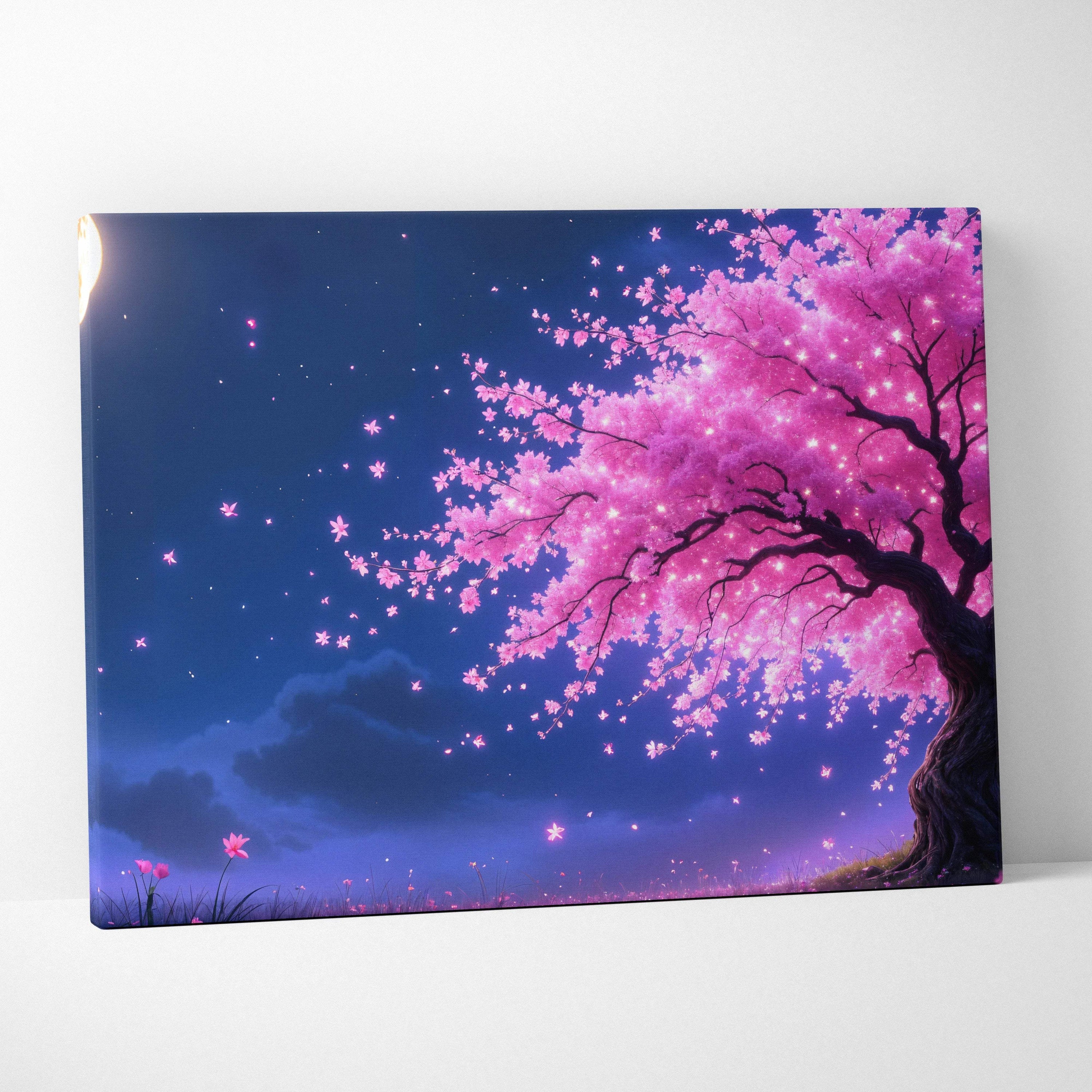 Moonlit cherry blossom tree canvas wall art with pink petals in starry night sky