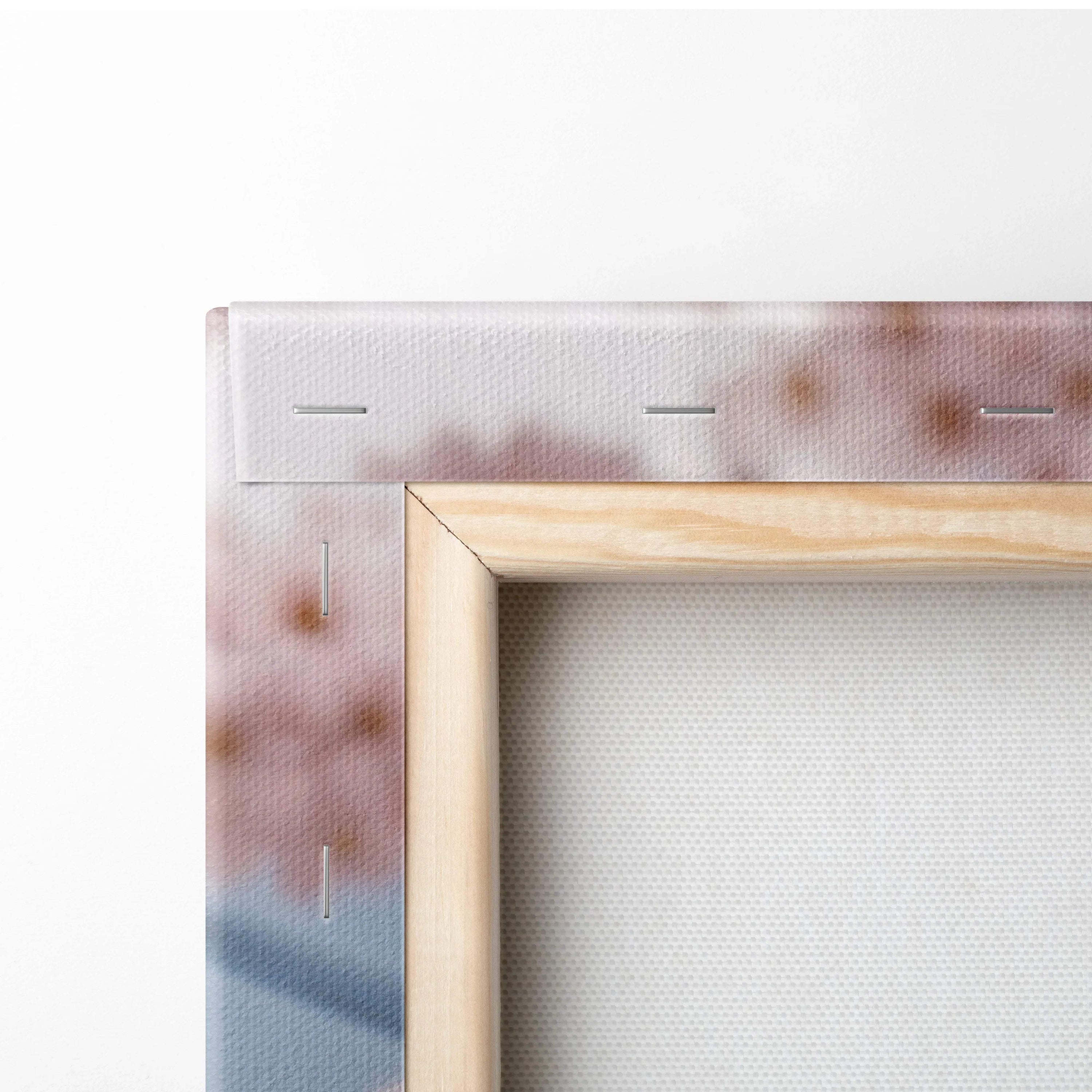 Light wood-framed canvas of soft pink cherry blossoms framing misty mountain and lake