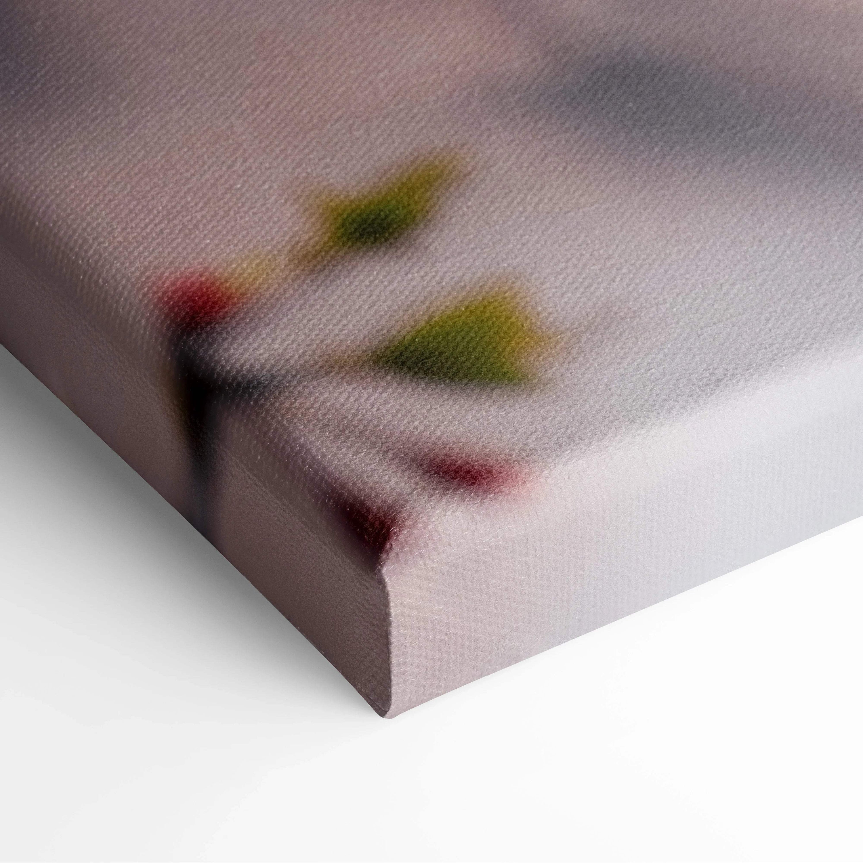 Soft-focus cherry blossoms on branch framing misty mountain and lake canvas art