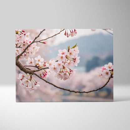 Soft pink cherry blossoms on branch framing misty mountain lake canvas art